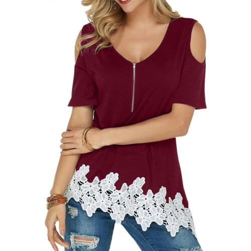 Women Lace Patchwork Blouse 2021 Casual V Neck Zipper Short Sleeve Holiday Tops Summer Sexy Off Shoulder Party Female Shirt