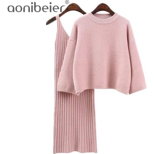 Aonibeier Women Sweater Dress Set Tracksuit for Autumn Winter Loose Pullovers Knitted Dress Jumper Two Pieces Set Female Suits