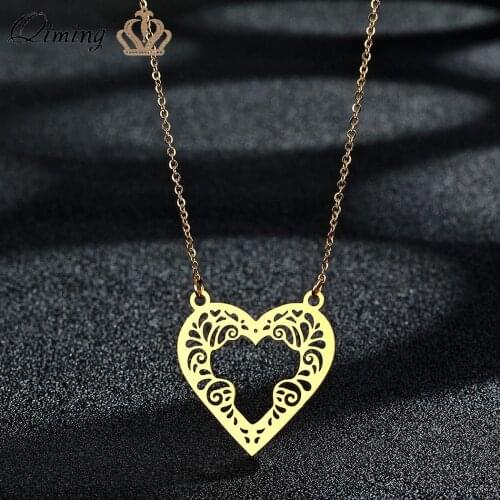 Stainless Steel Gold Love Heart With Lace Pendant Necklace For Women Hollow Style Handmade Wedding Necklace Gift