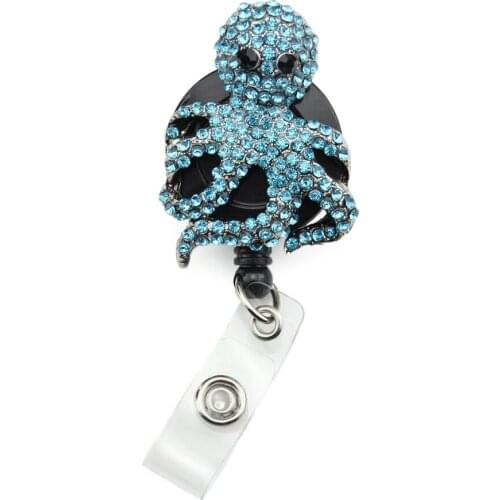 100pcs/lot Bling Rhinestone Octopus Pattern Blossom Decorated Retractable Badge Reel ID Holder with Clip