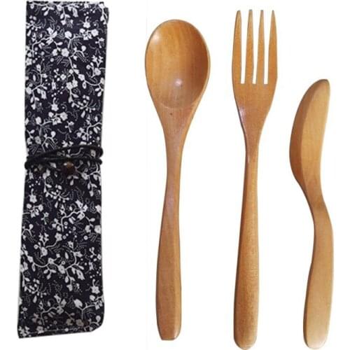 Free shiping Wooden fork wooden knife set log convenient three-piece set of western tableware