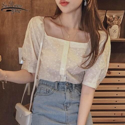 Blusas Women Tops Blouse Embroidery Lace Shirt Summer Plus Size Short Sleeve Casual Women Linen Cotton Chic Fashion Blouse 10107