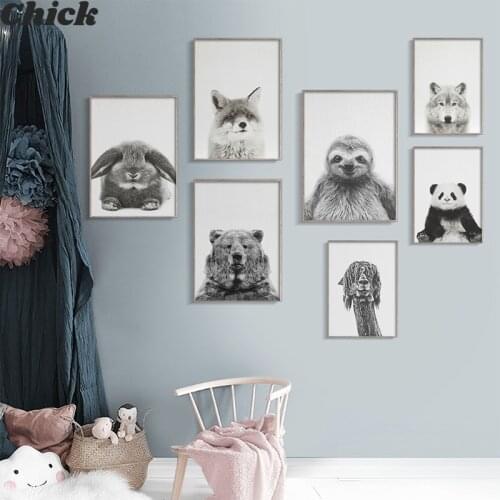 Black And White Animal Pictures Panda Lion Fox Bear Poster Canvas Painting Kindergarten Wall Art Nordic Room Decoration Painting