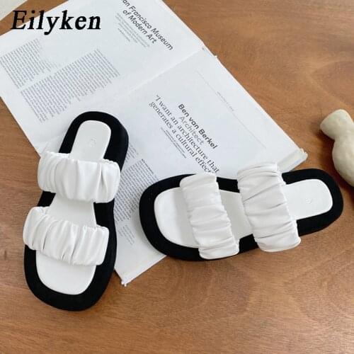 Eilyken Fashion Design Pleated PU Leather Woman Flat Shoes Summer Outdoor Beach Slippers Gladiator Sandals Womens Slides