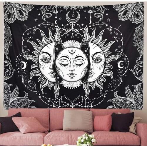 Sun Moon Tapestry White Black Wall Hanging Celestial Wall Tapestry Hippie Tarot Wall Carpets Dorm Decor Psychedelic Tapestry