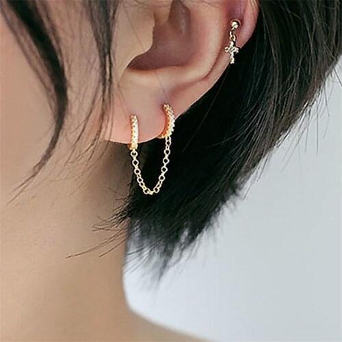 Hot Sale Two Hole Piercing Brilliant Crystal Metal Color Chain Charm Earrings For Women Party Jewelry