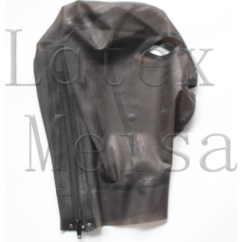 Transparent black latex hoods Fetish open eyes nostrils and mouth with back zip for adults
