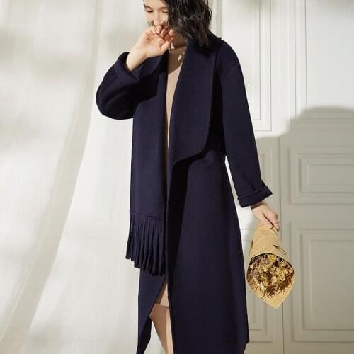 Autumn and winter new medium long temperament double-sided cashmere wool coat womens tassel scarf