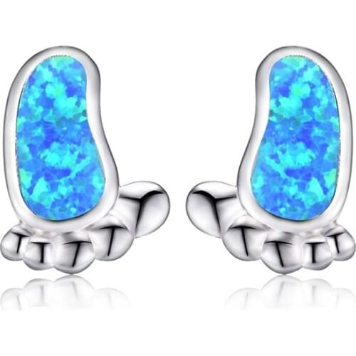 Cute Baby Foot Design Imitation Blue Opal Stud Earrings For Women Fashion Geometric Earrings Accessories Bohemian Jewelry Gift