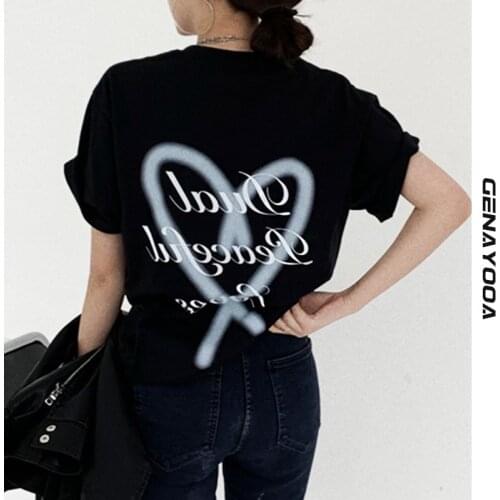 Genayooa Streetwear Korean Print Womens T-shirt 2021 Summer Harajuku Tshirt Short Sleeve Tops Women Clothes Tee Shirt Femme