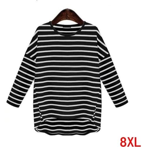 Large size womens T-shirt stripe plus size 5XL 6XL 7XL 8XL summer round neck long sleeve loose black large size T-shirt top
