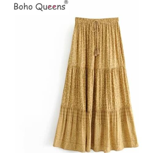 Boho Queens fashion Hippie women beach Bohemian yellow floral print skirt High Elastic Waist A-Line Boho Maxi Skirt Femme