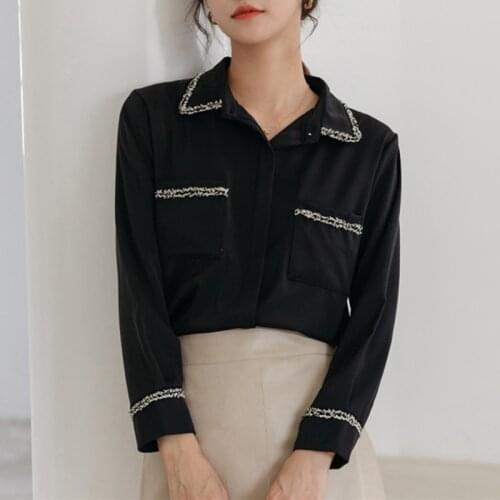 2021 Fall Patchwork Blouses For Women Turn-Down Collar Long Sleeve Chiffon Shirts Fashion Loose Female Black Tops 9322