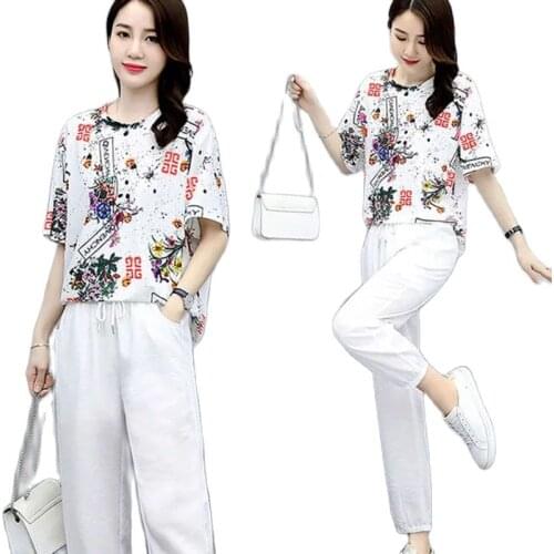2Pcs Women Suits Sports Casual Fashion Suit 2021 Summer New Ladies Large Size Printing Elasticated Trousers Two-Piece Pant Suit
