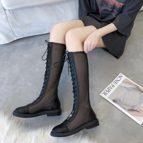 Spring Summer Women Thigh High Mesh Boots Victorian Knee-High Shoes Lace Up