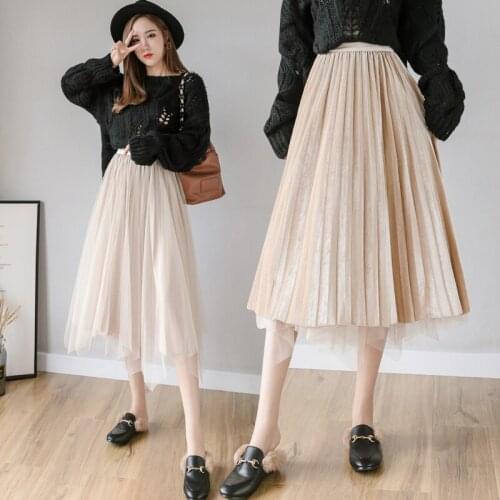 Women Pleuche Skirts Two Layered Fashion Female Casual Maxi Pleated Skirts 2020 Autumn Winter Mesh Skirts Double-sided Wear