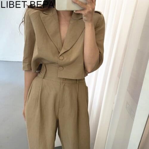 2021 New Summer Autumn Woman Sets 2 Piece Ankle-Length Wide Leg Pants High Waist Casual Buttons Pockets Office Lady Suit WS1019