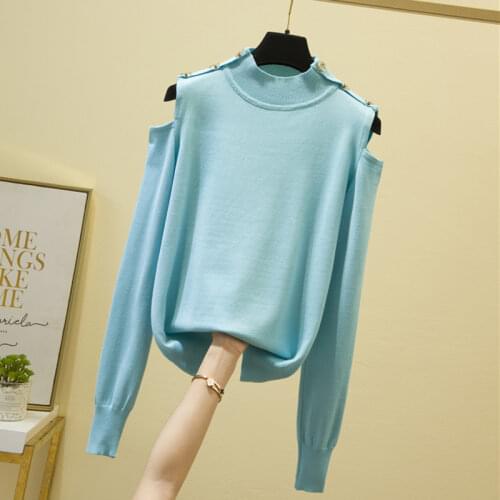 Shintimes Metal Button Turtleneck 2020 Winter Clothes Knitted Sweater Sexy Off Shoulder Sweaters Women Pullover Long Sleeve Pull