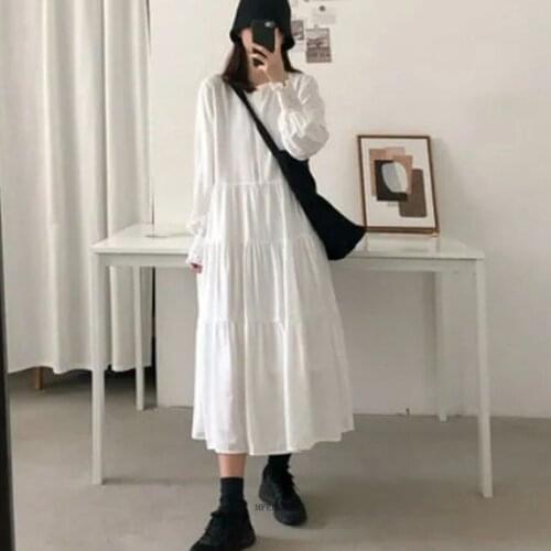 Size 6XL 150KG Women Long SLeeve Dress Solid Color Long Dresses O Neck Loose Waist Female Large Black White Dress