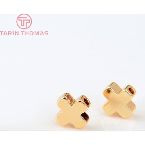 20PCS 6x6MM 24K Gold Color Plated Brass Cross Beads Bracelet Beads High Quality Diy Jewelry Accessories