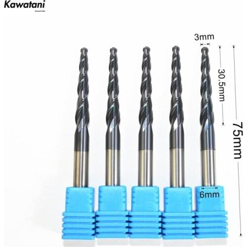 5PCS-Free shipping,6mm*R1.5*30.5*75L,CNC TiALN solid carbide end mill,woodworking conical router bit,2 flutes taper ball nose