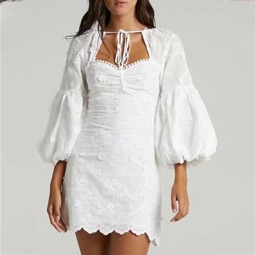 Foridol White Lace Embriodery Dress Vintage Lantern Sleeve Floral Short Dress Women Summer Spring Party Dress Backless Dress
