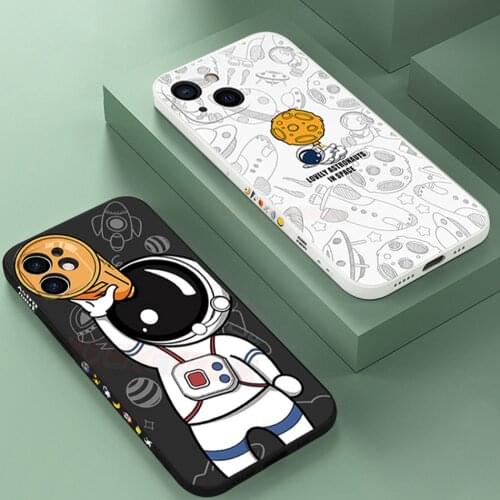 Cute Astronaut Phone Case For iPhone 11 12 Pro MAX XS XR X 6 7 8 Plus SE Square Frame Pattern Cover Silicone Shockproof Soft TPU