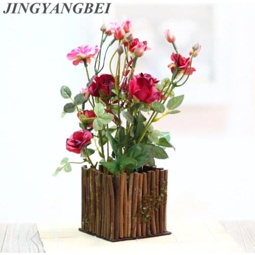 Wooden fence bonsai Artificial rose flowers with vase set potted fake Flower desktop plants home decoration