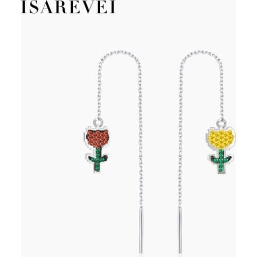 Tulips Tassel Long Drop Earrings 925 Sterling Silver Pixel Charm Zircon Flower Cute Earrings Jewelry Accessories For Women