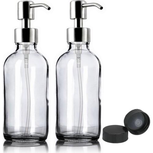 2pcs 250ml Clear Glass Pump Bottle Empty Stainless Steel Lotion Pump Dispenser Containers for Liquid Soap Shampoo Shower Gel 8Oz