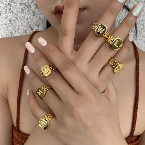 Glossy Gold Metal A-Z Initial Letter Rhinestones Watchband Link Chain Rings for Women Girls Travel Jewelry 2021 Hip Hop Design