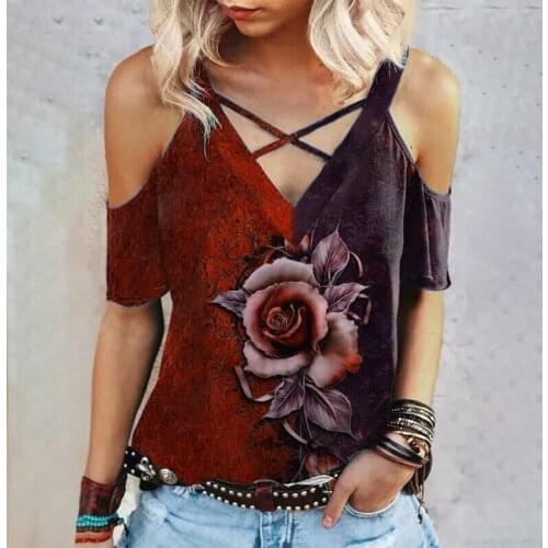 2021 Fashion Street Hipster Summer Casual V-neck Gothic Rose Print Short Sleeve Loose T-shirt Pullover T-shirt Female Plus Size