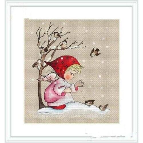 MM Little girl feeding birds cross stitch kit cartoon girl in winter design linen flaxen canvas embroidery DIY needlework