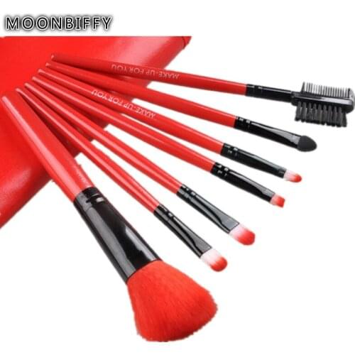 MOONBIFFY 7pcs/lot Cosmetics Brush Set Beauty Eye Primer Powder Blush Brush Soft Synthetic Hair With PU Leather Case Send Random
