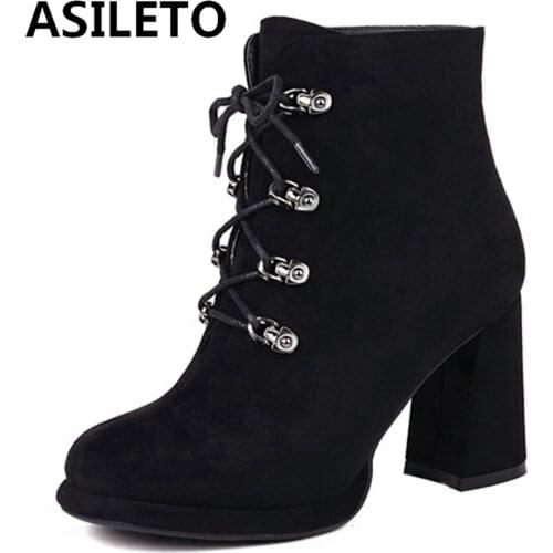 ASILETO 2021 Autumn Winter Classic Suede Square Block Heel Ankle Boots Platform Round Toe Strap Up Small Big Size 33-43 S2481