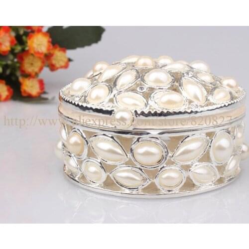 Oval Pewter Jewelry Box with Pearl Studded Keepsake Storage Box Pearls Trinket Jewelry Box Elegant Ring Treasure Box
