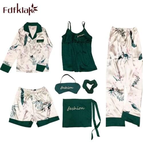Fdfklak Sexy Sleeping Pijamas Sleepwear 2018 Spring Summer Faux Silk 7 Pieces Pajama Set Pyjama Femme Floral Home Clothes Q1139