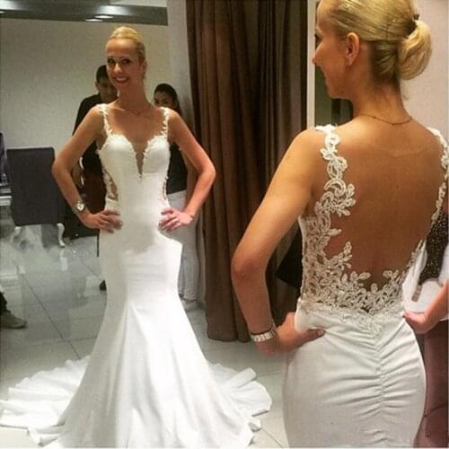 Sexy Spaghetti Straps 2019 Lace Mermaid Wedding Dresses See Through Back Appliques Sleeveless Custom Made Wedding Dress Vestidos