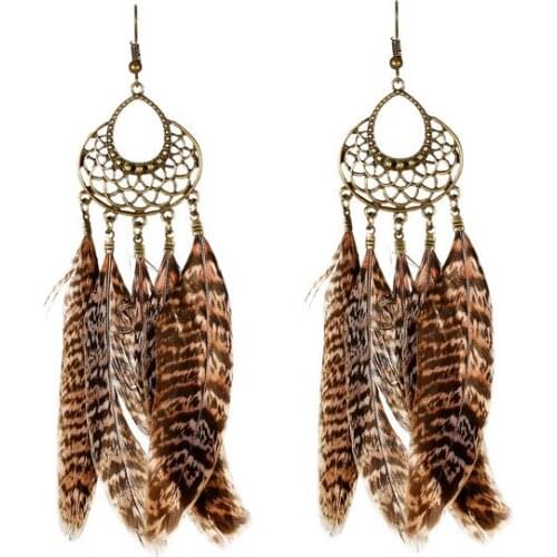Bohemian Eardrop National Vintage Leopard Grain Feathers Hollow Earrings Exaggerate Eardrop 1 Pair