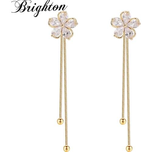Brighton Exquisite Flower Big Zircon Dangle Drop Earrings For Women Girl Long Tassel Brincos Wedding Bride Fashion Jewelry Gift