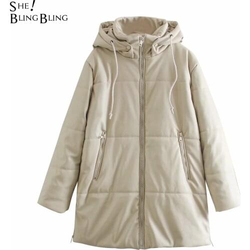SheBlingBling Za Woman 2021 Casual Traf Parkas Winter Warm Thick Faux PU Leather Padded Jacket Hooded Zipper Long Coat Overcoat