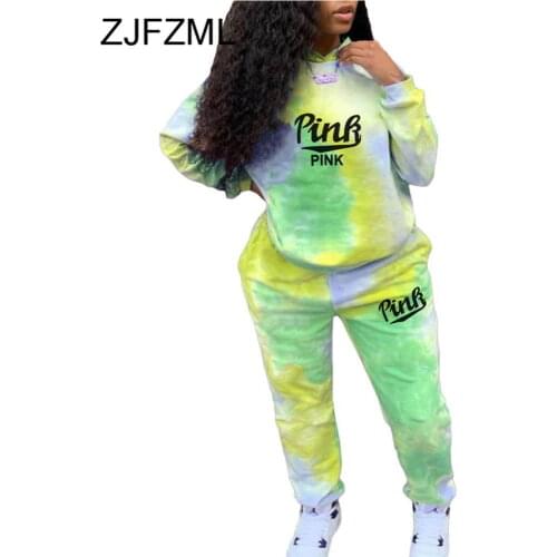 Tie Dye Activewear Tracksuit Full Sleeve PINK Letter Print Sweatshirt Jogger Sweatpant Female 2 Two Piece Set Matching Outfits