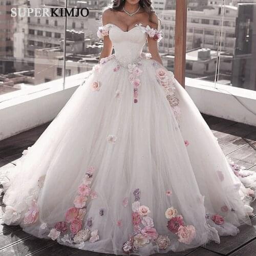 SuperKimJo Handmade Flowers Ball Gown Wedding Dress 2019 Boho Crystals Beaded Off the Shoulder Wedding Gown for Bride Gelinlik