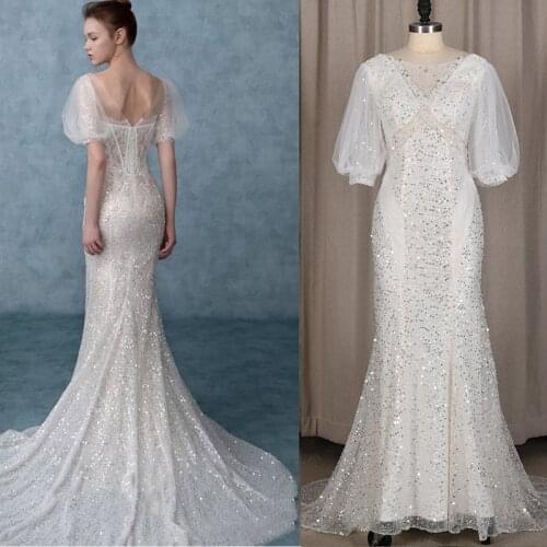 V Neck Silver Sequins Mermaid Wedding Bridal Dress Short Sleeves Lace Backless Bling Beaded Bride Gowns 2021 Vestido De Noiva