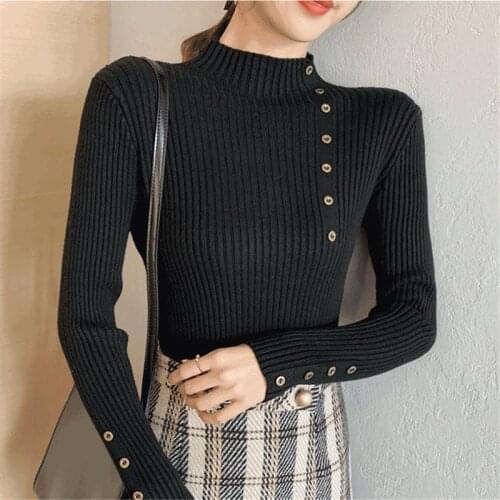 Buttons Half High Collar Sweater Women Autumn Winter Pullover Fashion Sweater Slim Casual Ladies Knitting Shirt Top TT0021
