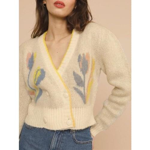 2021 Autumn Tulip Print Women V-Neck Knitted Cardigan Ladies Double-Breasted Fashion Sweater Outwear Female Knitwear Tops