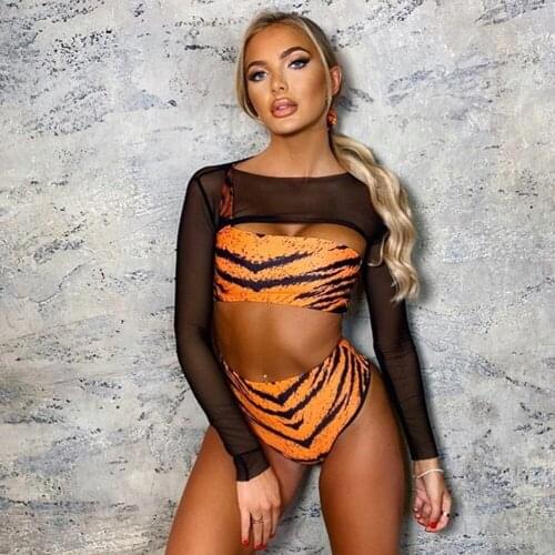 Leopard Print Swimsuit Three Piece Set Women High Waist Push Up Bra Bikinis Mesh Cover Up 2021 Summer BeachWear Bathing Suits