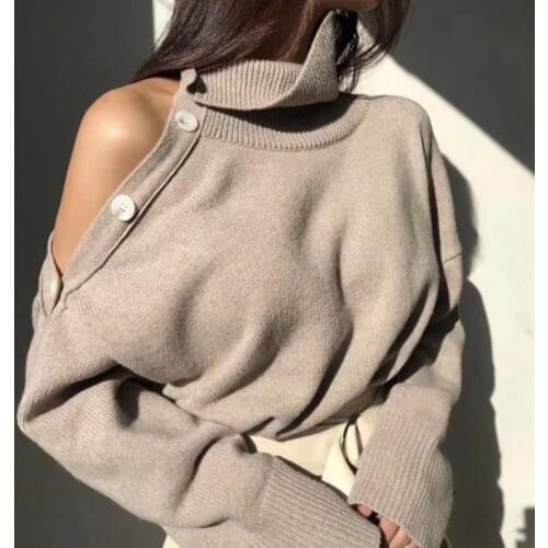 2019 Winter Women Turtleneck Knitted Knit Sweaters Solid Casual Cold Shoulder Pullover Jumper Autumn Basic Sweater For women