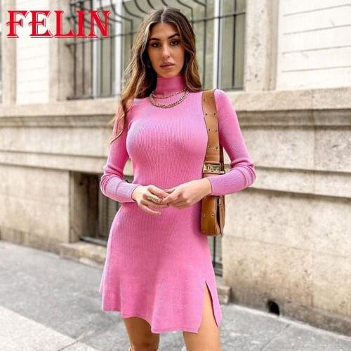 Za Chic Pink Women Dress Knitted Cotton Stretch Streetwear Mini Dresses Female Long Sleeve Sexy Slim Chic Vestidos Fashion 2021