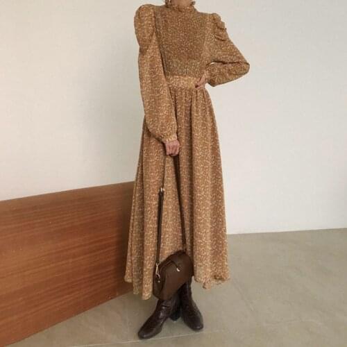 2021 New Vintage Stand Collar Ruched Sleeve A-line Dress Women Floral Print Elastic Waist Female Spring Vestidos Femme